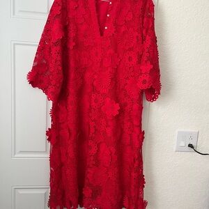 Chic Floral Lace Long Sleeve Dress in Red